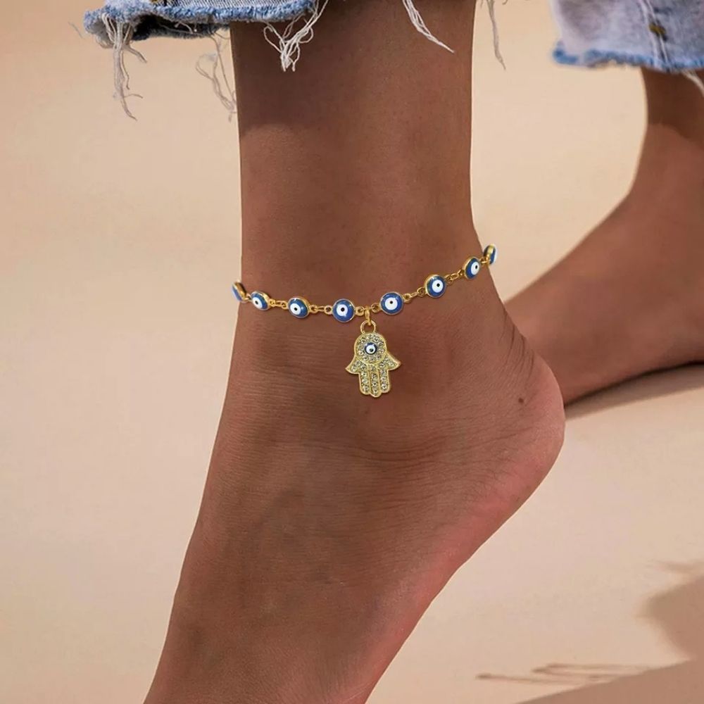 Evil Eye Ankle Bracelet with Hamsa Charm in Stainless Steel